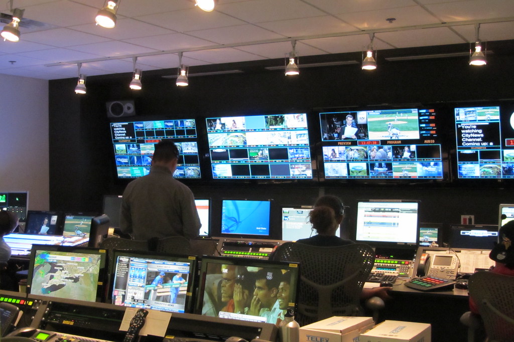 Broadcast master control room with a wall of monitors