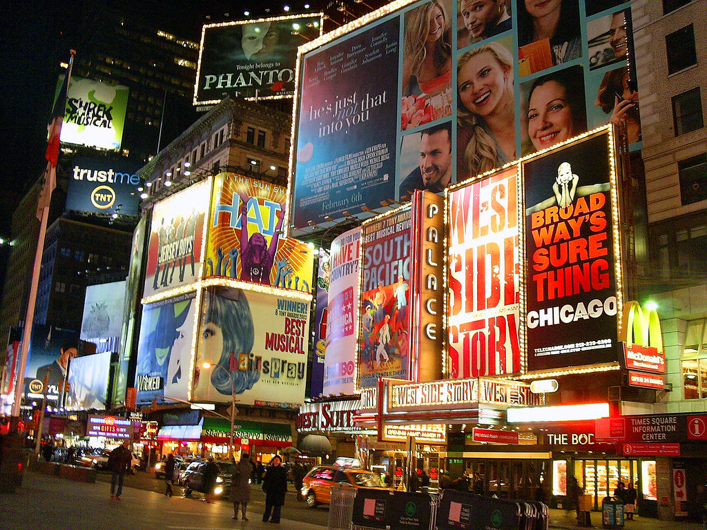 Large-format LED billboards in Times Square at night