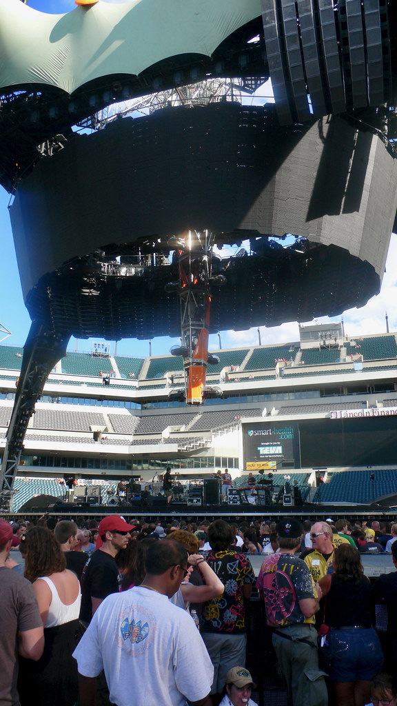 Stadium stage with a giant cylindrical LED screen structure